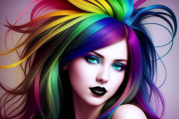 Portrait of a girl with colorful bright bushy hair and creative makeup on her face. AI generative