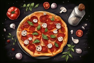 illustration Traditional italian pizza on dark table. Generative Ai
