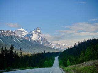 Highway through Jasper National Park and the Icefields Parkway in Alberta Canada