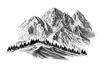 Mountain with pine trees and landscape black on white background. Hand drawn rocky peaks in sketch style.	
