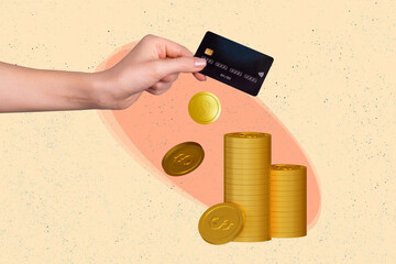 Composite collage picture of arm fingers hold plastic debit card pile stack money coins isolated on...