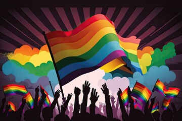 Crowd waving rainbow flags at the gay pride parade. pride day
