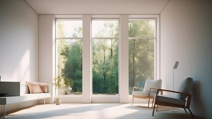 Cozy Scandinavian modern living room interior with tall big windows and bright lights.