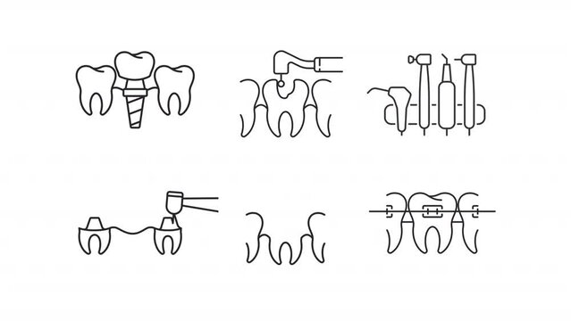Animated treatment linear icons. Dental surgery and treatment. Dentistry. Professional service. Seamless loop HD video with alpha channel on transparent background. Outline motion graphic animation