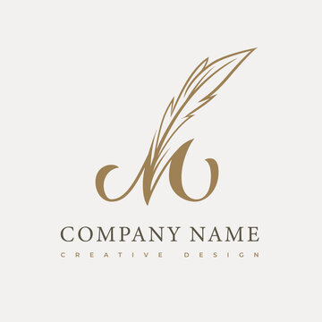 Romantic Monogram M Logo. Hand drawn cursive initial letter M with feather for writing. Usable sign for literary clubs, writers, copywriters and teachers. Flat golden vector icon design template