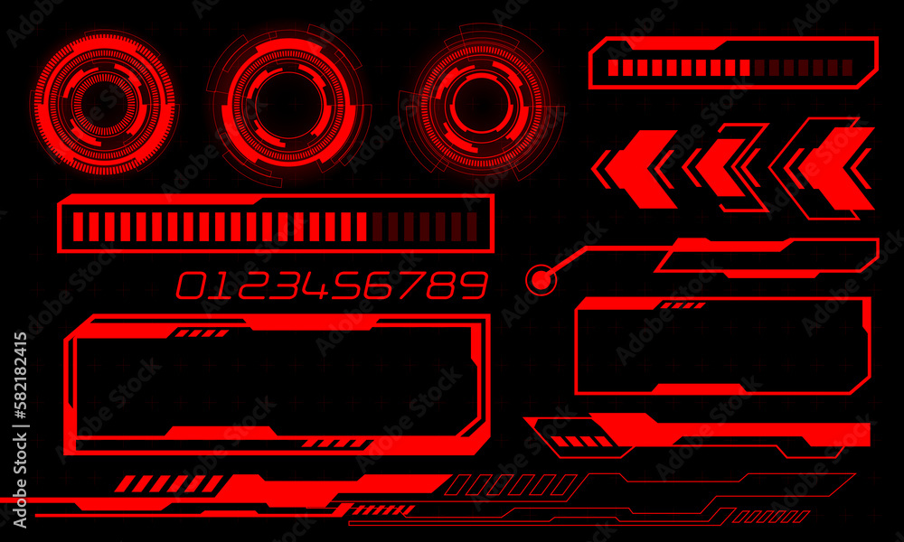 Poster set of hud circle modern user interface elements design technology cyber red on black futuristic vec