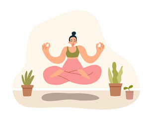 Relaxed woman in lotus yoga pose meditate and hovering. Girl at rest soaring above the ground among houseplants in pots. The concept of mindfulness, mental and physical health.