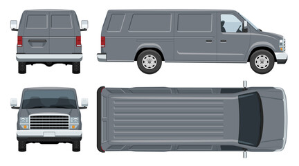 Obraz na płótnie Canvas Grey van vector template with simple colors without gradients and effects. View from side, front, back, and top