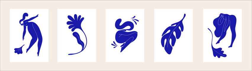 Modern Matisse-styled interior posters set. Vertical wall arts with abstract naked girls silhouettes, leaf, flowers. Minimalist blue artworks in modern trendy style. Flat vector illustrations
