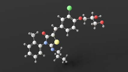 ponesimod molecule, molecular structure, immune modulator, ball and stick 3d model, structural chemical formula with colored atoms