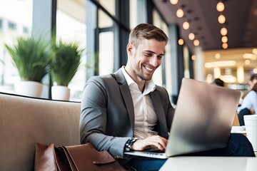 Cheerful and contented young Caucasian man sitting at desk and using laptop with a smile appears to be engaged and focused on his work. Generative AI