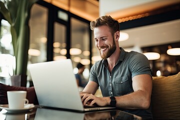 Cheerful and contented young Caucasian man sitting at desk and using laptop with a smile appears to be engaged and focused on his work. Generative AI