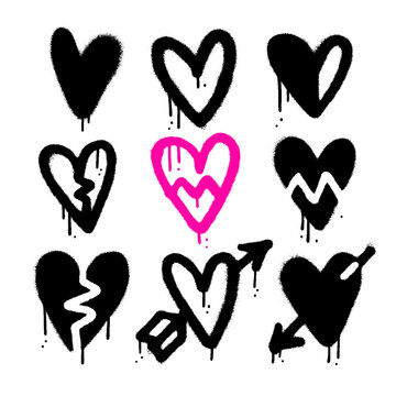 Urban graffiti spray ink hearts set. Valentine day heart elements, ink graphic leaks and stains. Abstract paint love and romantic symbols, rough wedding neoteric decor, broken heart icon. Vector.