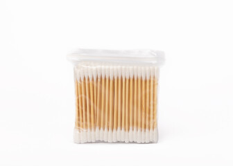 Cotton buds isolated on white background.Eco-friendly materials. Wooden, cotton swabs on a white background.Bamboo swabs.