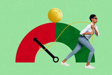 Creative photo collage illustration template of young hard working woman pull arrow to get more...