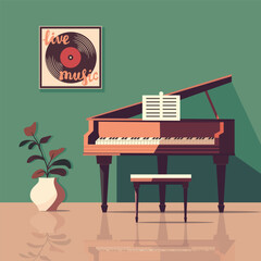 Flat vector illustration of a piano in the green room