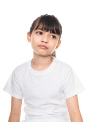 Tears in the eyes of a child. The girl is sad and about to cry isolated on white background with clipping path.