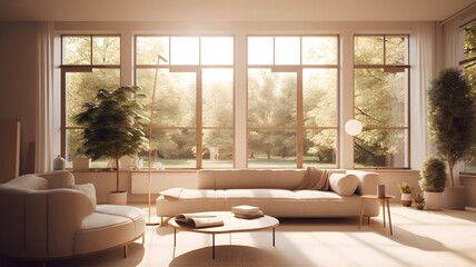 Cozy Scandinavian modern living room interior with tall big windows and bright lights. 