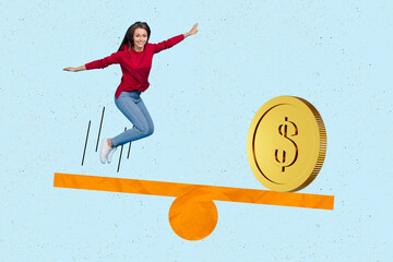 Photo poster collage promo of young economist accountant girl have fun balance money coin loan...