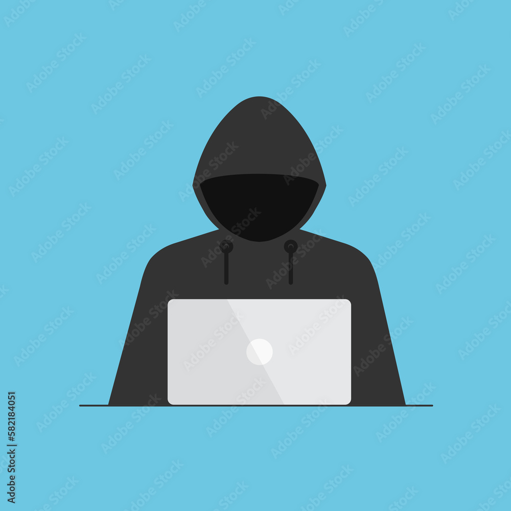 Poster hacker in black hood or cyber criminal at laptop. process of stealing user personal data. internet p