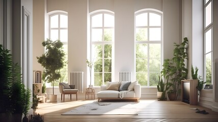 Cozy Scandinavian modern living room interior with tall big windows and bright lights. 