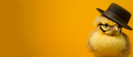 A cute little chick wearing a hat, yellow background with copy space, generative ai