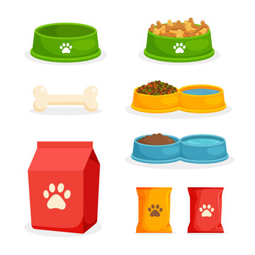 Pet food set. Dog or cat bowl with treats. Packaging, advertising. Doggy bone. Vector illustration in a flat trendy style.