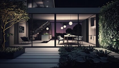 Ultra modern home with luxury patio after the sun went down