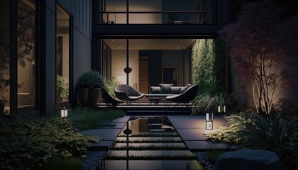 Ultra modern home with luxury patio after the sun went down