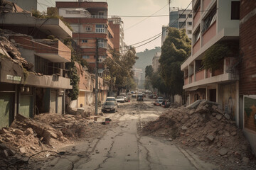 Illustration of a city damaged by a powerful earthquake. Generative AI.