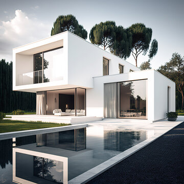 Generative AI illustration exterior of contemporary minimalistic villa with panoramic windows and swimming pool surrounded by green trees