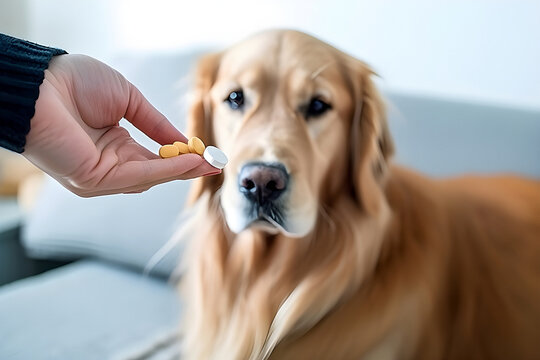 Owner giving medicine in a pill to his sick dog. Medicine and vitamins for pets. Pills for animals. Generative AI