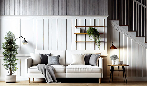 Generative AI illustration of modern lounge with white sofa and pillows near potted green tree and coffee table against striped wall near staircase