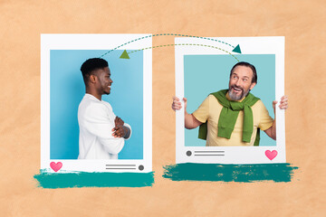 Minimal template photo collage of two business partners communicating online web app messages...