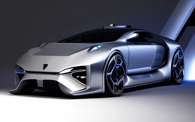 Obraz na płótnie Canvas Futuristic car illustration, silver modern sports car. Generative Ai.