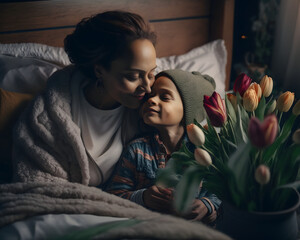 a woman sitting on a bed with a child holding a bouquet of tulips, kissing smile, surprise me mom and cheerful, mother day