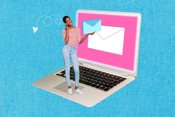 Creative photo sketch collage of young business woman standing on laptop talking on phone hold mail...