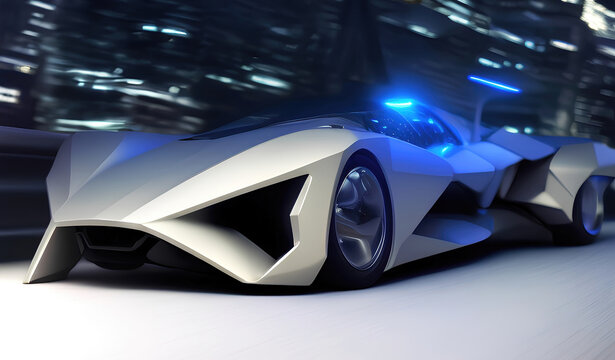 Futuristic car illustration, silver modern sports car. Generative Ai.