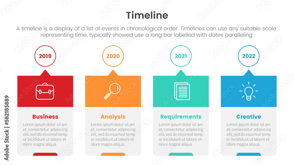Poster timeline set of point infographic with 4 point stages and box and circle time stamp concept for slid