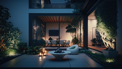 Fototapeta premium Ultra modern home with luxury patio after the sun went down