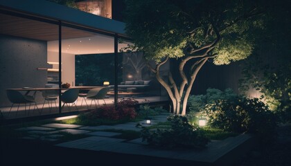 Ultra modern home with luxury patio after the sun went down