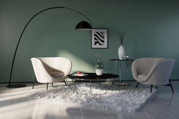 Stylish luxury cozy interior of modern apartment with simple contemporary soft light beige furniture, black lamp and coffe tables and nice pastel green walls. Daytime with  sun rays inside living room