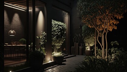 Fototapeta premium Ultra modern home with luxury patio after the sun went down