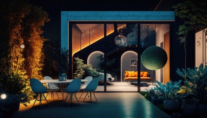 Fototapeta na wymiar Ultra modern home with luxury patio after the sun went down
