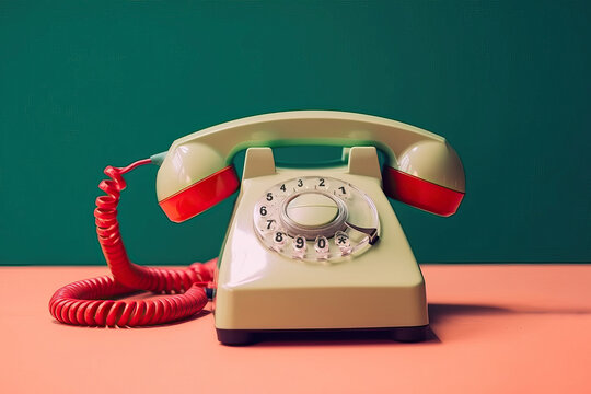 Vintage old telephone on green background. Generative AI