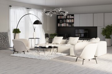 Stylish luxury cozy interior of modern apartment with simple contemporary soft light beige furniture, black lamp and coffe tables and nice pastel walls. Daytime with  sun rays inside living room