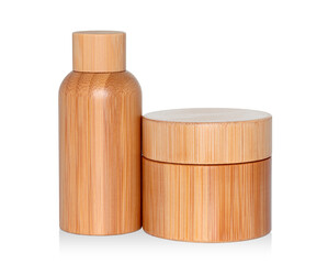 Wooden cosmetic dropper bottle and jar isolated white background. Eco cosmetics and zero waste concept