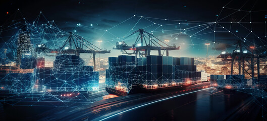 Fototapeta na wymiar Container storage at the port using modern technology at night. Cargo ship import export global business trade. Container freight transport in the industrial port. AI generated illustration.