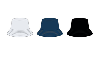 Vector template of a fashionable hat with a round brim. Drawing of a summer hat protecting from the sun. A set of hats in white, blue, black colors. Headwear for a stylish look.