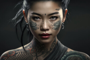 AI generated hyperrealistic graphic design artwork of portrait of Asian female model with tattoo and earrings looking at camera against dark background